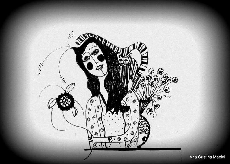 A menina, o gato e o vaso de peixe.